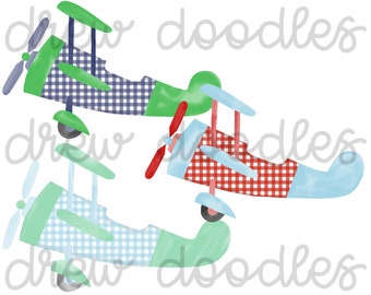 Watercolor Gingham Plaid Vintage Airplanes Digital Clip Art Set- Instant Download