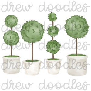 Watercolor Boxwood Topiaries- Digital Clip Art Set- Instant Download