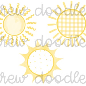 May include: Three yellow sun illustrations with different patterns in the center. The first sun has a solid yellow center, the second sun has a yellow and white gingham pattern, and the third sun has a yellow and white polka dot pattern.