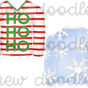 May include: Two Christmas sweaters. One is red and white striped with the words "HO HO HO" in green. The other is light blue with a snowflake pattern.
