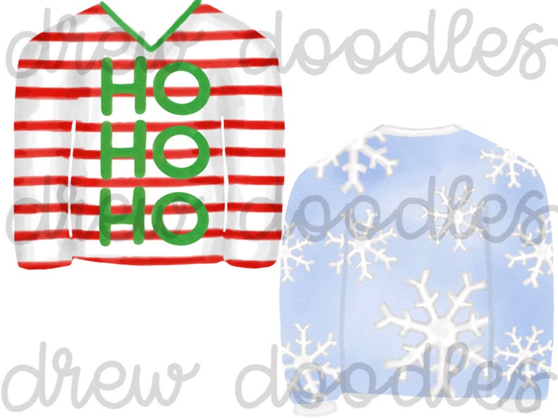 May include: Two Christmas sweaters. One is red and white striped with the words "HO HO HO" in green. The other is light blue with a snowflake pattern.
