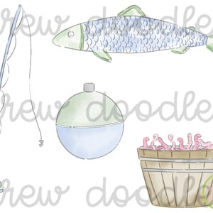 Könnte beinhalten: Eine Aquarell-Illustration von Angelausrüstung, darunter eine Angelrute, ein Schwimmer, ein Eimer mit Würmern und ein Fisch.