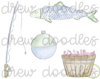 Conjunto de imágenes prediseñadas digitales de pesca en acuarela azul y verde: descarga instantánea