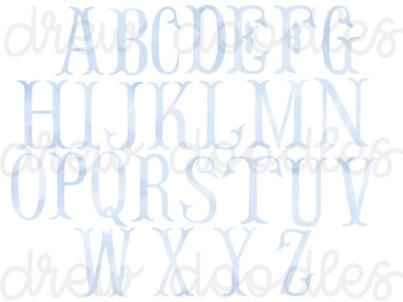 Blue Outline FishtailMonogram Alphabet Digital Clip Art Set Instant Download