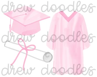Watercolor Pink Graduation Cap and Gown Digital Clip Art Set- Instant Download