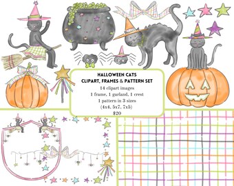 Watercolor Halloween Cats Clipart, Patterns, and Frames BUNDLE Digital Clip Art Set- Instant Download