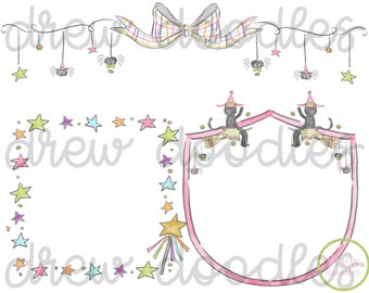 May include: A pink and white frame with a scalloped edge, decorated with stars and a witch on a broomstick. The frame is perfect for a Halloween-themed craft project.