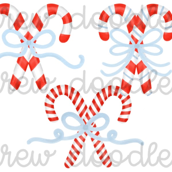 Watercolor Blue Bow Criss Cross Candy Canes Digital Clip Art Set- Instant Download