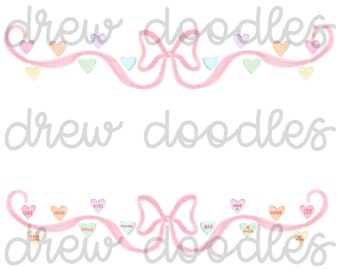 May include: Pink ribbon with a bow and pastel hearts with words like "love", "hugs", "kiss", "smile", "friend", "bff", "forever", "xoxo", "true love", "be mine" on them. The text "drew doodles" is written in gray at the top and bottom of the image.