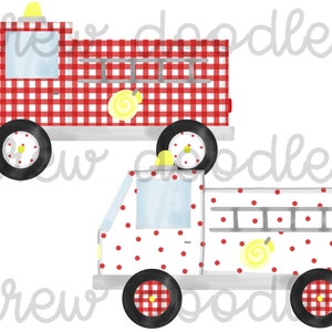 Watercolor Gingham, Bitty Dot Fire Trucks Digital Clip Art Set- Instant Download