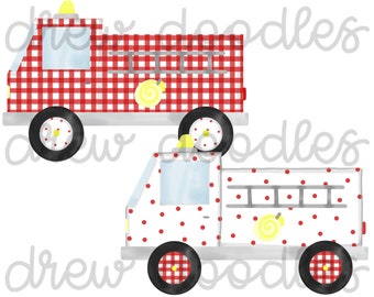 Watercolor Gingham, Bitty Dot Fire Trucks Digital Clip Art Set- Instant Download