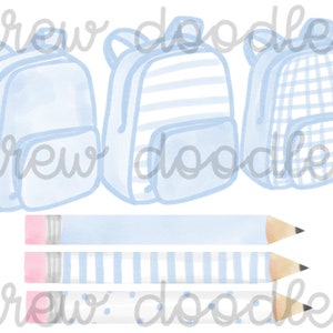 Conjunto de clipart digital com bolsa e lápis xadrez azul aquarela - download instantâneo