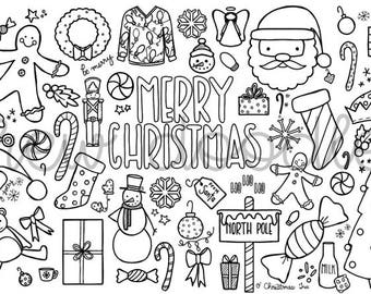 May include: Black and white line art illustration of various Christmas themed objects, including a gingerbread person, a snowman, a stocking, a candy cane, a Christmas tree, a present, a wreath, a nutcracker, a Santa Claus, and the words "Merry Christmas".