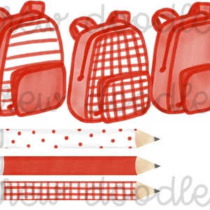 Watercolor Red Gingham Book Bag and Pencils Digital Clip Art Set- Instant Download