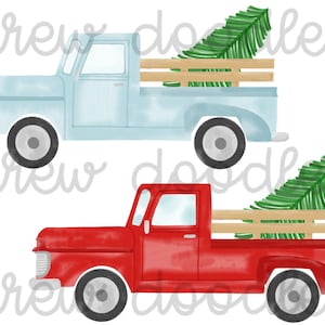 Watercolor Vintage Trucks with Christmas Trees- Digital Clip Art Set- Instant Download