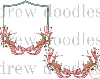 Puede incluir: Una ilustración digital de una corona de Navidad con dos renos, cinta de cuadros rojos y blancos, bastones de caramelo, acebo y campanas. La corona tiene forma de escudo verde.