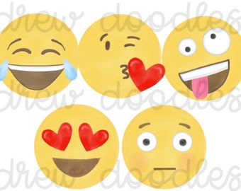 Peut inclure: Cinq visages d'emoji jaunes en aquarelle avec différentes expressions. Les visages comprennent un rire aux larmes, un clin d'œil avec un cœur rouge, des yeux écarquillés avec la langue qui sort, des yeux en forme de cœur et une expression neutre.