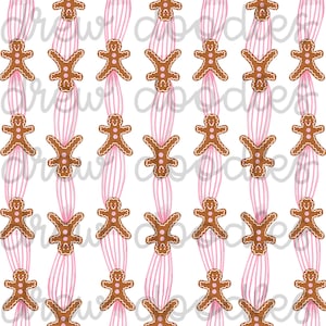 May include: A seamless pattern featuring gingerbread men hanging from pink and white striped ribbons. The gingerbread men are brown with white icing and pink accents.