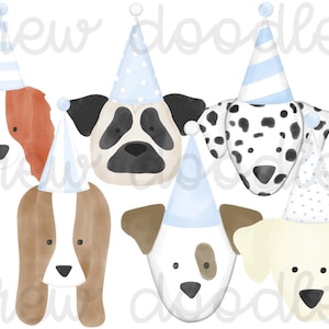 Aquarelle bleu bébé Pawty Dog têtes numérique Clip Art Set - téléchargement immédiat