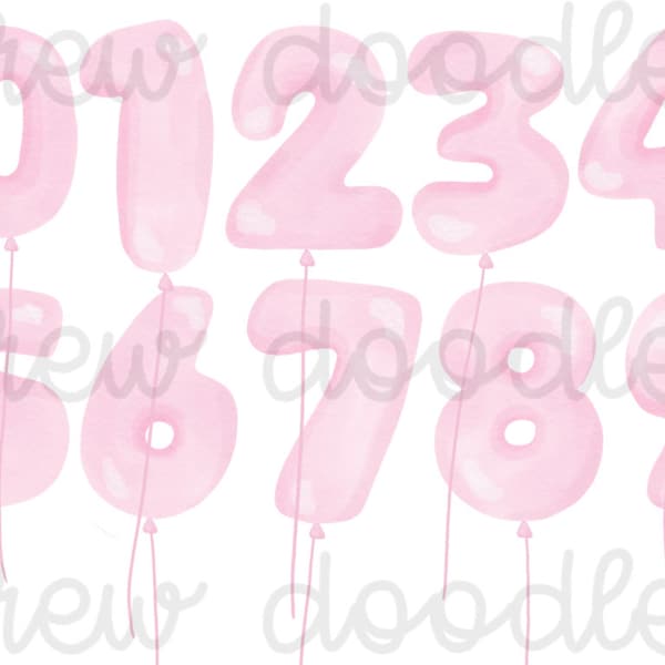 Watercolor Pink Number Balloons Digital Clip Art Set- Instant Download
