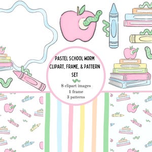 May include: A digital clipart set featuring pastel school-themed illustrations including a wavy frame, pink apples with green worms, blue crayons, and stacks of books. The central text reads: PASTEL SCHOOL WORM CLIPART, FRAME, & PATTERN SET, 8 clipart images, 1 frame, 3 patterns.