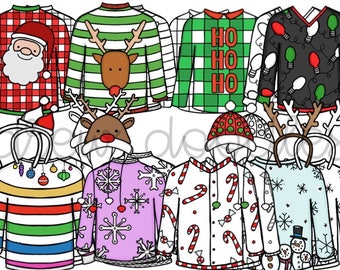 Tacky Christmas Sweater Digital Clip Art Set- Color and Black Line COMBO- Instant Download