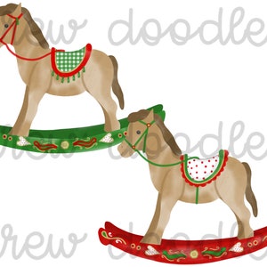 Caballo balancín navideño en acuarela - Conjunto de imágenes prediseñadas digitales - Descarga instantánea
