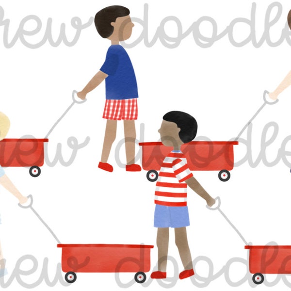 Watercolor Red Wagon Boys Digital Clip Art Set- Instant Download