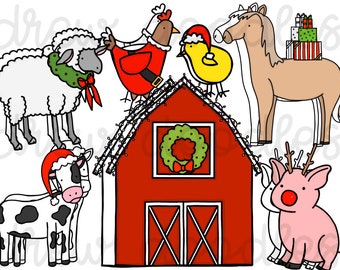 Christmas Farm Digital Clip Art Set- Color and Black Line COMBO- Instant Download