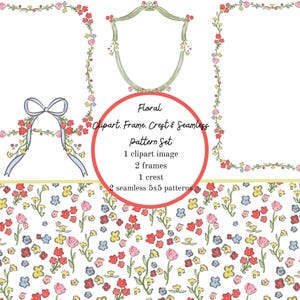 Peut inclure: Ensemble d'art numérique avec des éléments floraux. L'ensemble comprend une image clipart, deux cadres, un blason et deux motifs sans couture de 5x5. Les cadres et le blason sont ornés de fleurs rouges, roses et jaunes, avec des feuilles vertes.