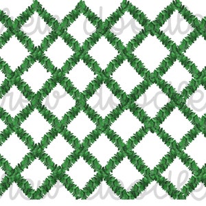 Puede incluir: Un patrón sin costuras con un diseño repetitivo de enredaderas verdes con hojas que forman una celosía de diamantes sobre un fondo blanco.