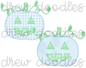 Watercolor Blue and Green Gingham Pumpkins with Vines Digital Clip Art Set- Instant Download
