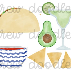 以下が含まれることがあります： メキシコ料理と飲み物のセットの水彩画イラスト。セットには、タコス、サルサのボウル、マルガリータ、アボカド、トルティーヤチップスが含まれています。