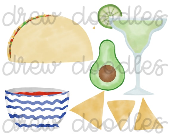 Watercolor Cinco De Mayo Taco Margarita Digital Clip Art Set- Instant Download