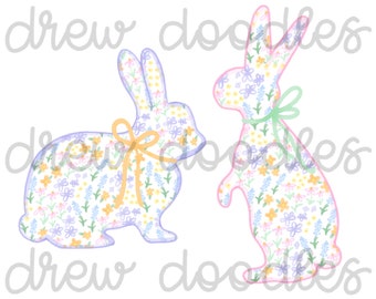 Watercolor Pastel Floral Easter Rabbits Bunnies with Bows Digital Clip Art Set- Instant Download