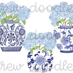 Watercolor Chinoiserie Ginger Jars with Blue Hydrangeas- Digital Clip Art Set- Instant Download