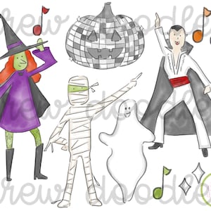 May include: A watercolor illustration of a group of Halloween characters dancing. A witch in a purple dress and a pointed hat, a mummy in white bandages, a ghost, and a vampire in a black cape and white pants. A disco ball with a jack-o-lantern face is in the background.