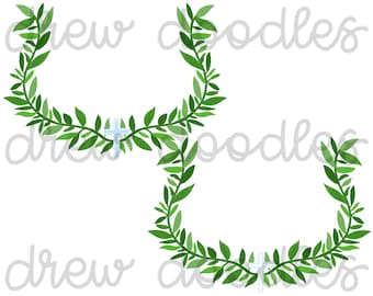 May include: Two green wreaths with a white cross in the center of each wreath. The wreaths are made of leaves and branches.