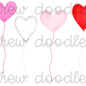 May include: Four heart-shaped balloons, two pink, one white with pink polka dots, and one red. The balloons are tied with strings.