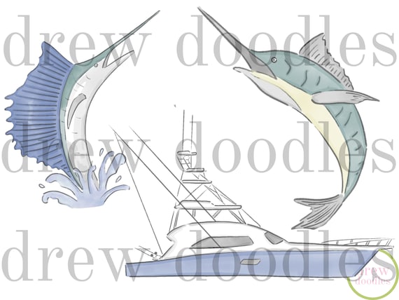 Watercolor Deep Sea Fishing Digital Clip Art Set- Instant Download