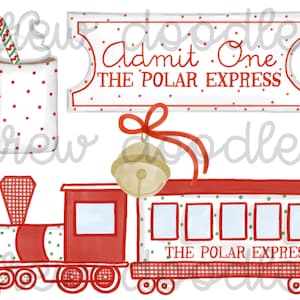 May include: A red and white train with a red and white checkered caboose. The train has four windows and says "The Polar Express" on the side. There is a red ticket with white polka dots that says "Admit One The Polar Express". There is also a red and white mug with white polka dots and a candy cane.