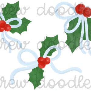 Watercolor Christmas Holly with Blue Ribbons Bows- Digital Clip Art Set- Instant Download