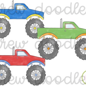 Set di clipart digitali di Monster Trucks dell'acquerello - Download istantaneo