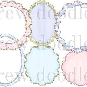 May include: Watercolor illustrations of six decorative frames in various shapes. The frames are in pastel colors, including pink, blue, and yellow, with scalloped edges and dotted details. The frames are perfect for scrapbooking or other crafts.