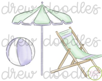 Watercolor Lilac and Green Beach Cabana Digital Clip Art Set- Instant Download