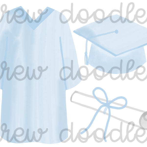 Watercolor Blue Graduation Cap and Gown Digital Clip Art Set- Instant Download