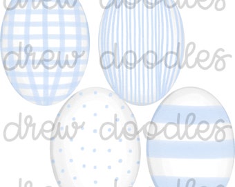 Watercolor Light Blue Gingham Easter Eggs Digital Clip Art Set- Instant Download