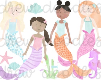 Watercolor Mermaids Digital Clip Art Set- Instant Download
