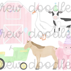 Conjunto de clipart digital de aniversário de fazenda rosa pastel em aquarela - download instantâneo