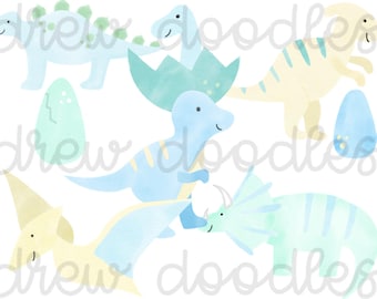 Watercolor Pastel Dinosaurs Digital Clip Art Set- Instant Download